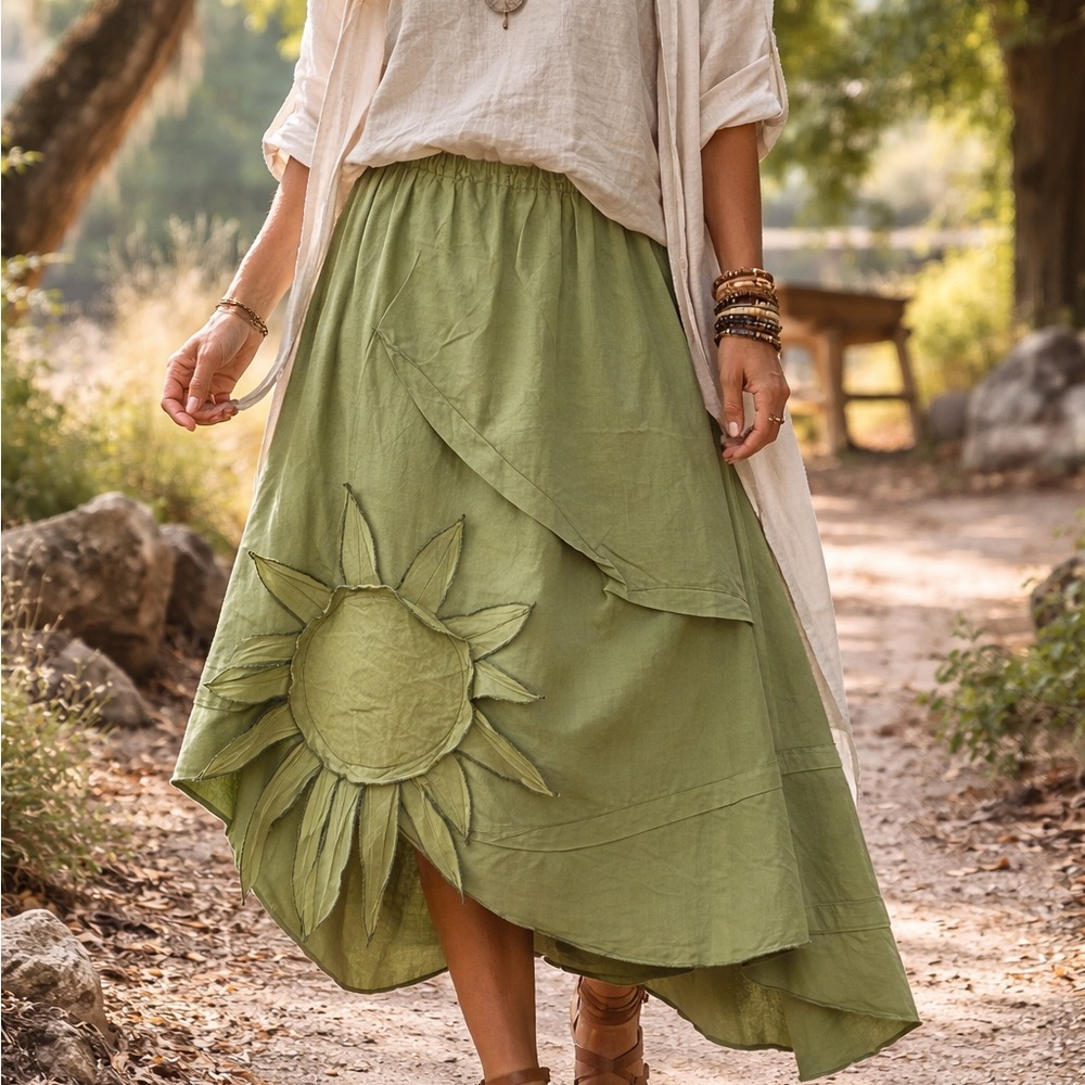 Sarah Clemens Womens M Sage Green Asymmetrical Sun Applique Midi Skirt Lagenlook